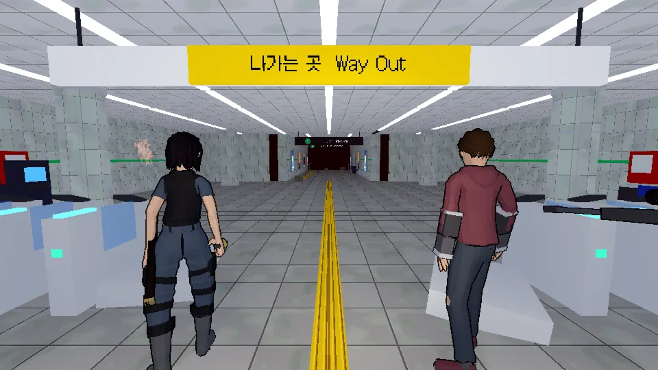 The party walking past the fare gates. A ceiling sign reads 'Way Out'.