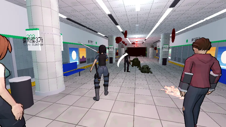 An ally stepping forward on the platform and swinging a blade. Three monsters stand in the distance.