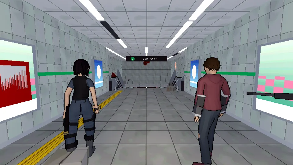 The party walking a transfer passage lined with ad panels. A 'Transfer' sign hangs in the distance.